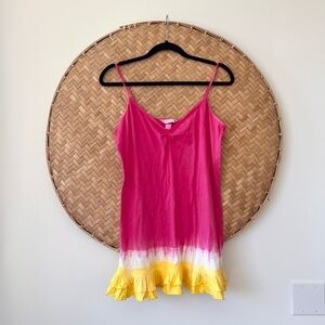 VICTORIA SECRET PINK VINTAGE HOT PINK WHITE YELLOW TIE-DYE MINI DRESS Y2K RUFFLE